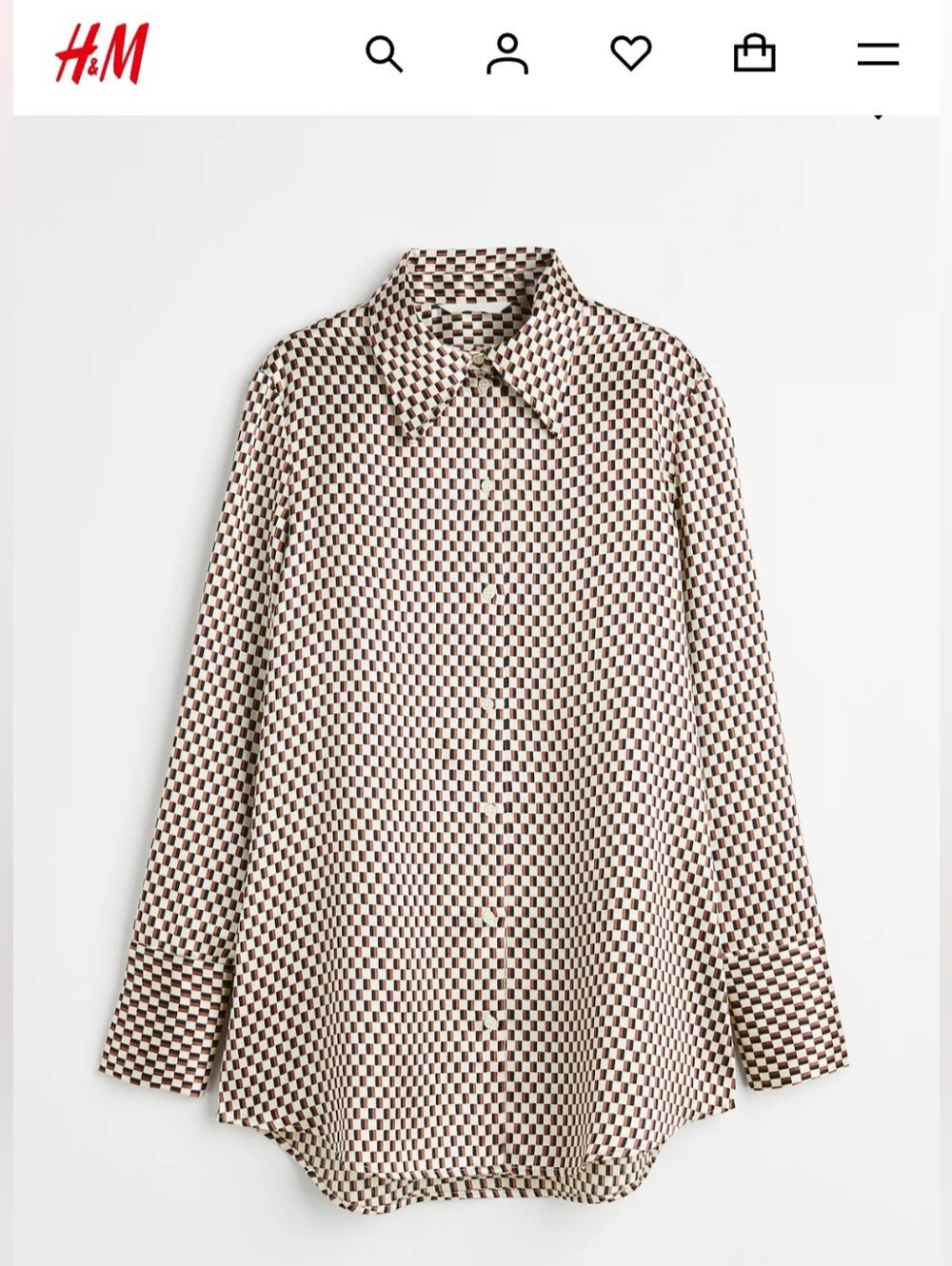 H&M Women's Satin Brown and Cream Checked Button-Down Shirt